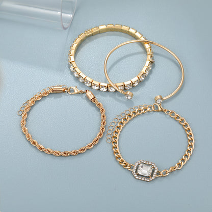 Fashion Jewelry Vintage Personalized Twist Exaggerated Punk Diamond Open-ended Bracelet Suit 4 Pieces